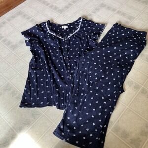 Aria Collection Pajama Set Large Cotton Button Up Short Sleeve Crop Pants Floral